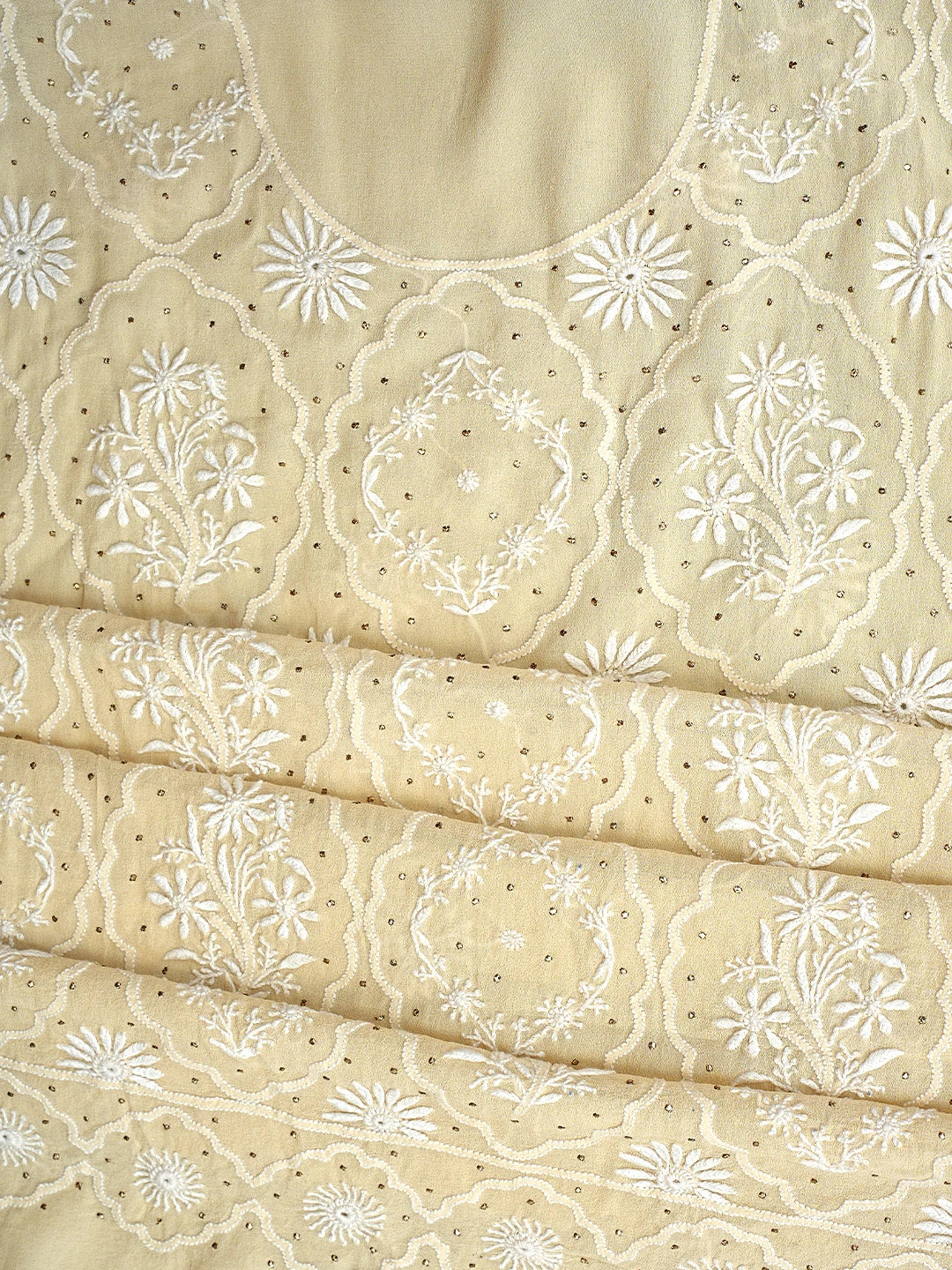 Ada Hand Embroidered Cream Pure Georgette Lucknowi Chikankari Unstitched Kurta Dupatta Set With Muqaish/Mukaish Work 01A395397