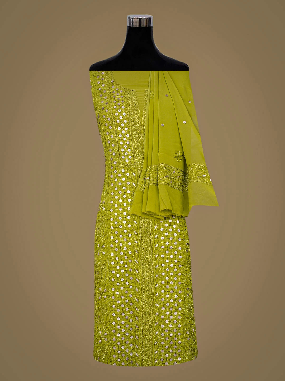 Ada Hand Embroidered Green Viscose Georgette Lucknowi Chikankari Unstitched Kurta Dupatta Set With Gotta Patti Work 01A933488