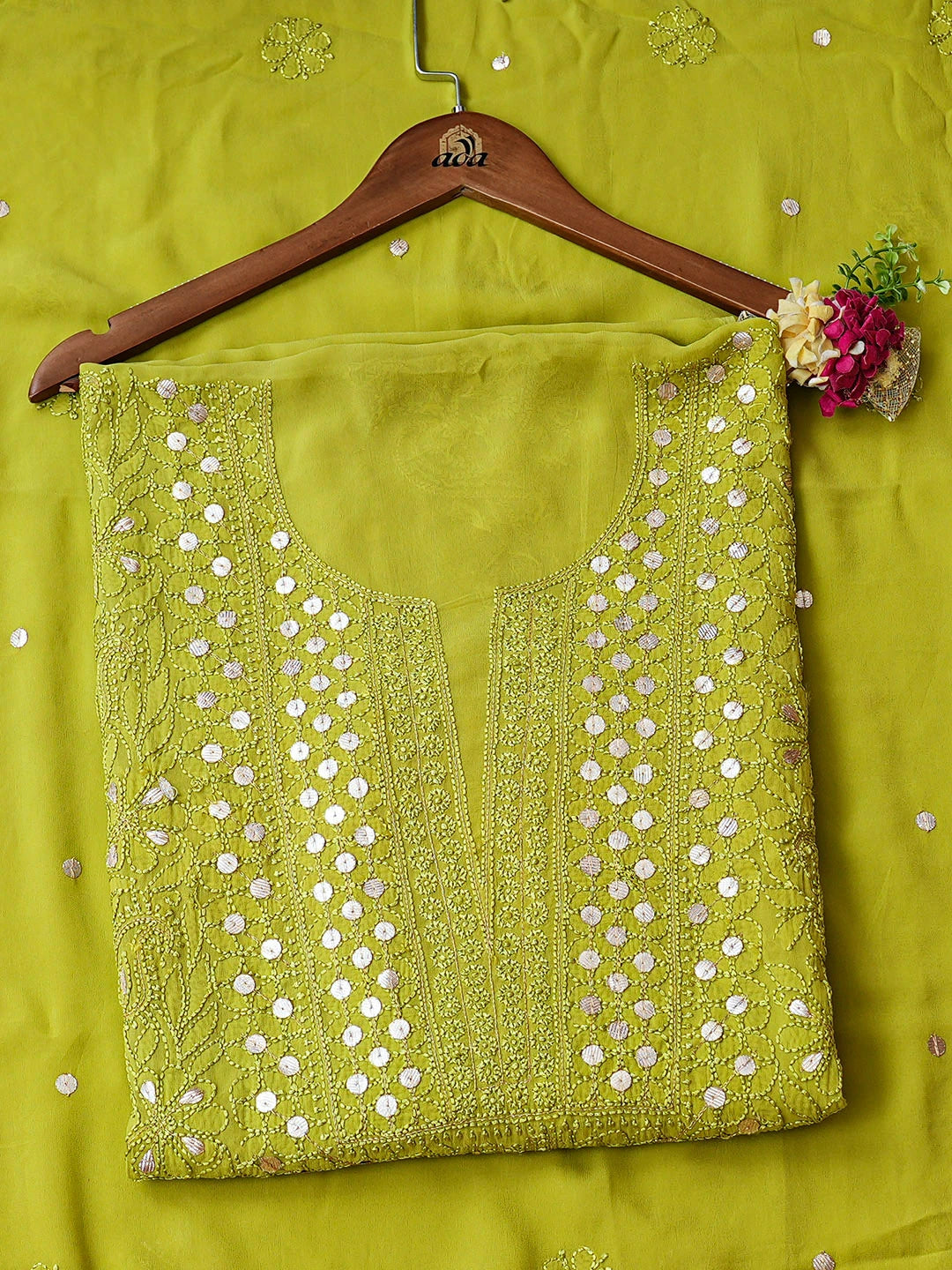 Ada Hand Embroidered Green Viscose Georgette Lucknowi Chikankari Unstitched Kurta Dupatta Set With Gotta Patti Work 01A933488