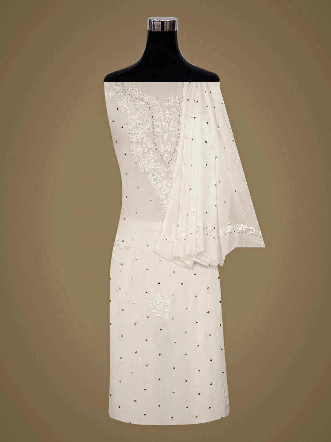 Ada Hand Embroidered White Viscose Georgette Lucknowi Chikankari Unstitched Kurta Dupatta Set With Muqaish/Mukaish Work 01A844977