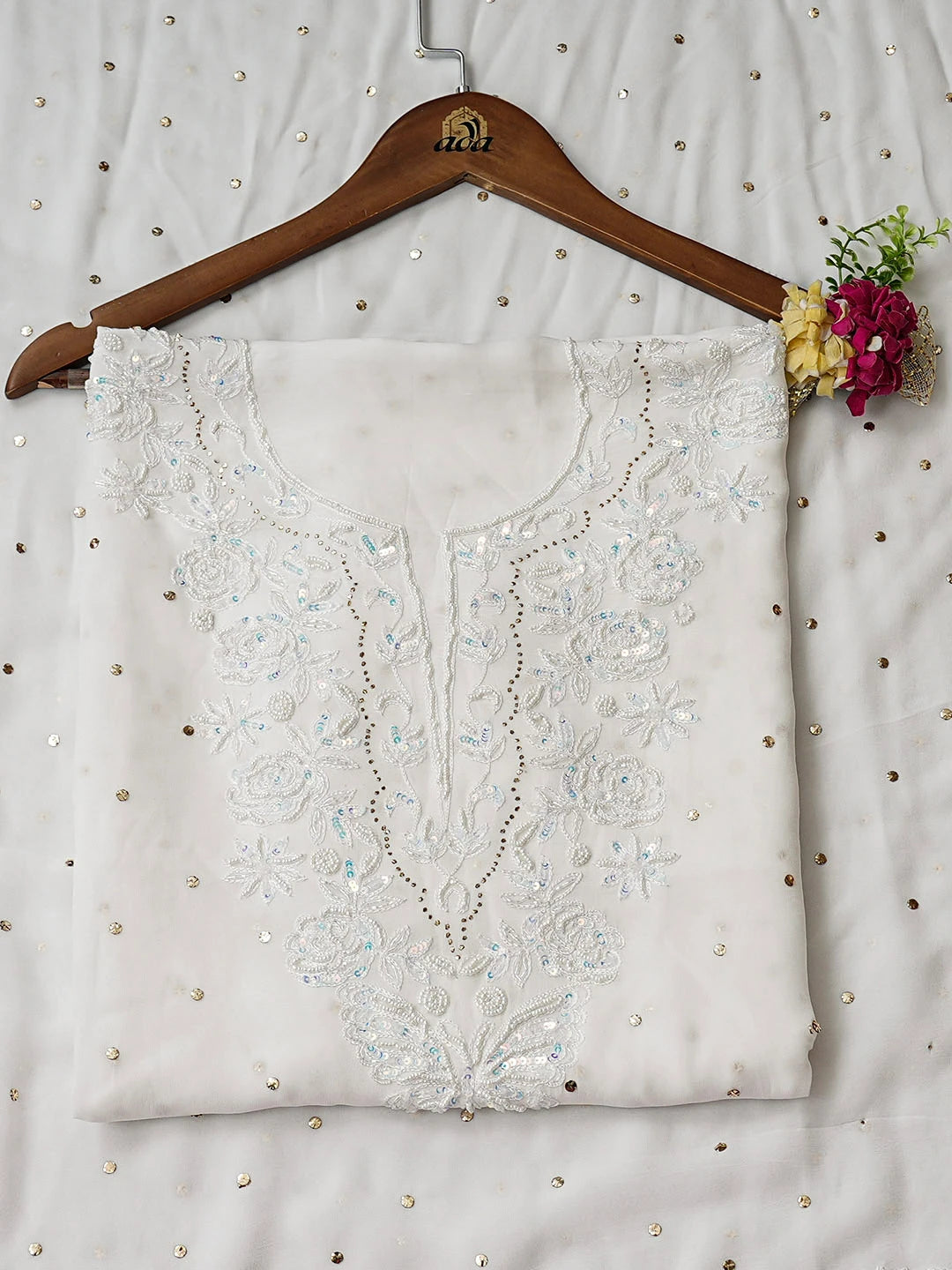 Ada Hand Embroidered White Viscose Georgette Lucknowi Chikankari Unstitched Kurta Dupatta Set With Muqaish/Mukaish Work 01A844977