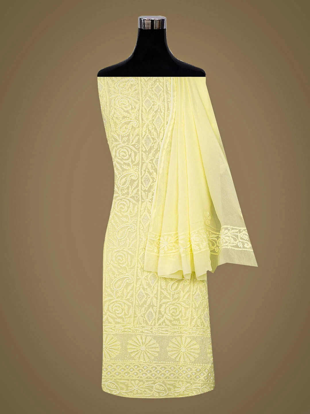 Ada Hand Embroidered Lemon Viscose Georgette Lucknowi Chikankari Unstitched Kurta Dupatta Set With Pearl Work 01A951196