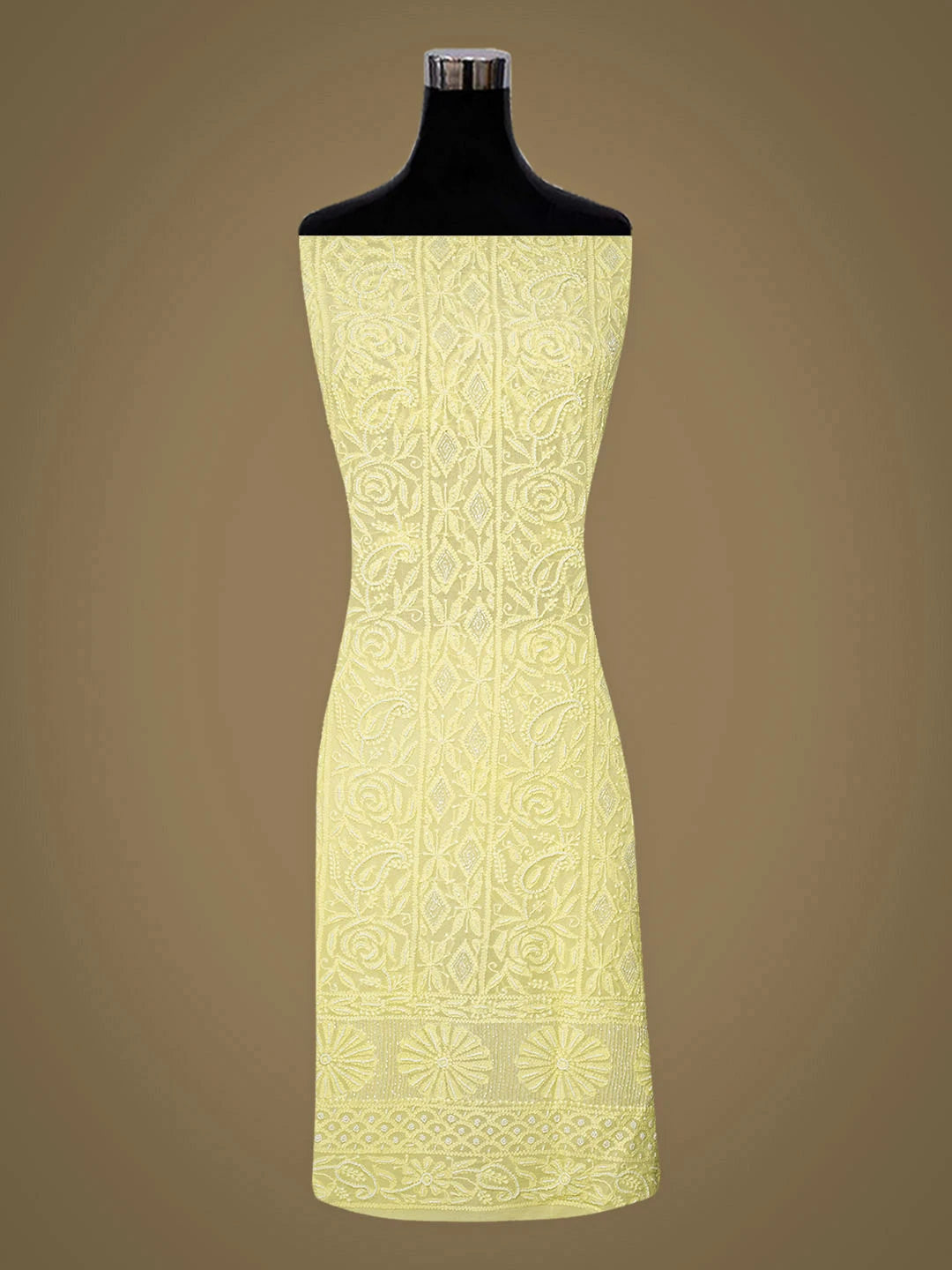 Ada Hand Embroidered Lemon Viscose Georgette Lucknowi Chikankari Unstitched Kurta Dupatta Set With Pearl Work 01A951196