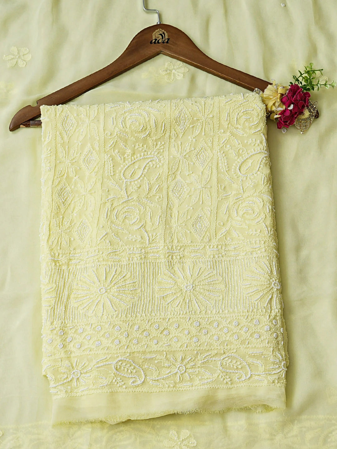 Ada Hand Embroidered Lemon Viscose Georgette Lucknowi Chikankari Unstitched Kurta Dupatta Set With Pearl Work 01A951196