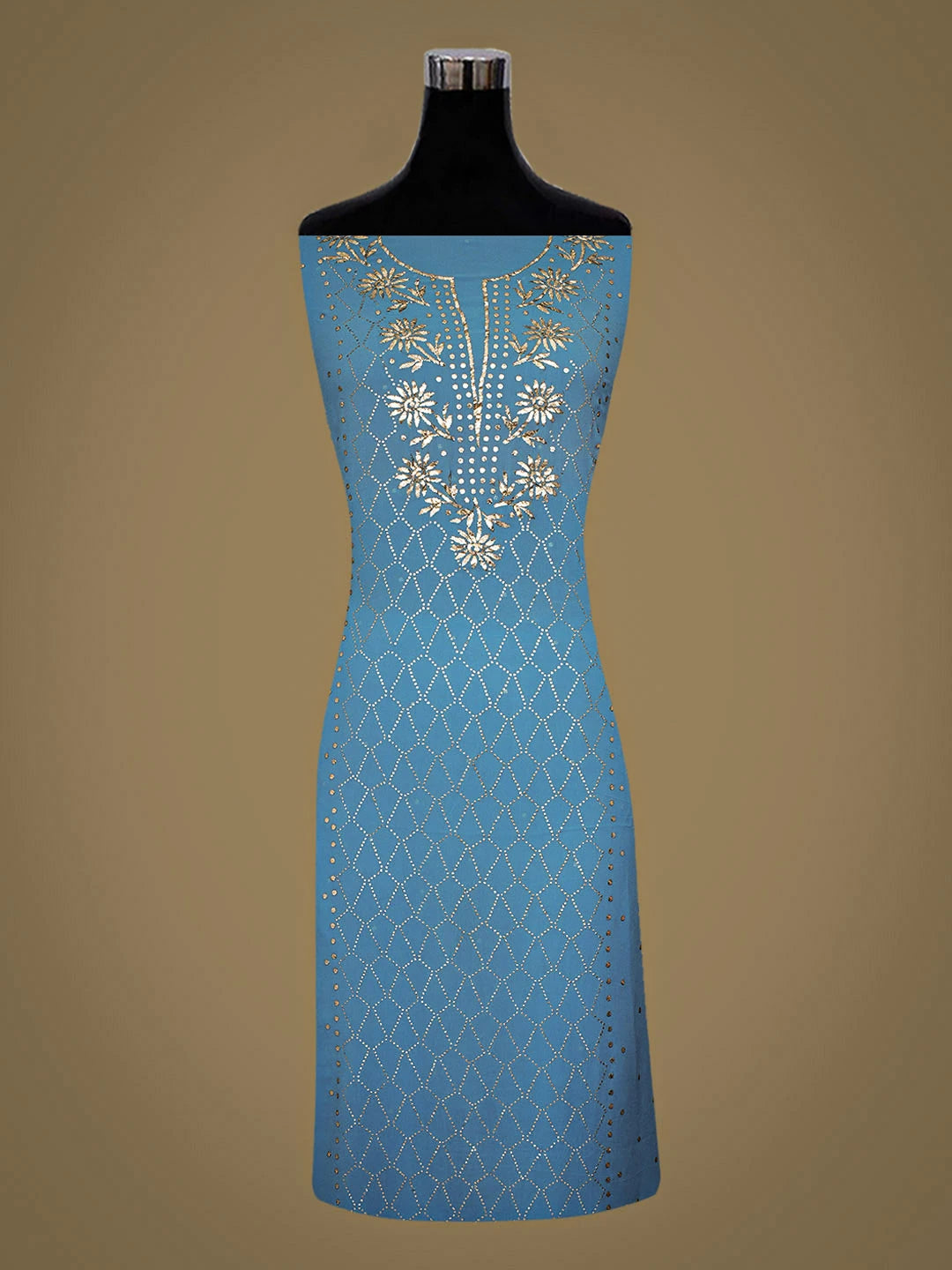 Ada Hand Embroidered Blue Bell Viscose Georgette Lucknowi Chikankari Unstitched Kurta Dupatta Set With Muqaish Work 01A923205