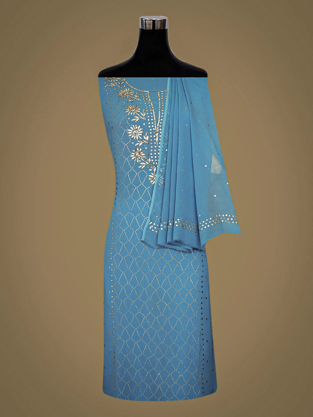 Ada Hand Embroidered Blue Bell Viscose Georgette Lucknowi Chikankari Unstitched Kurta Dupatta Set With Muqaish Work 01A923205