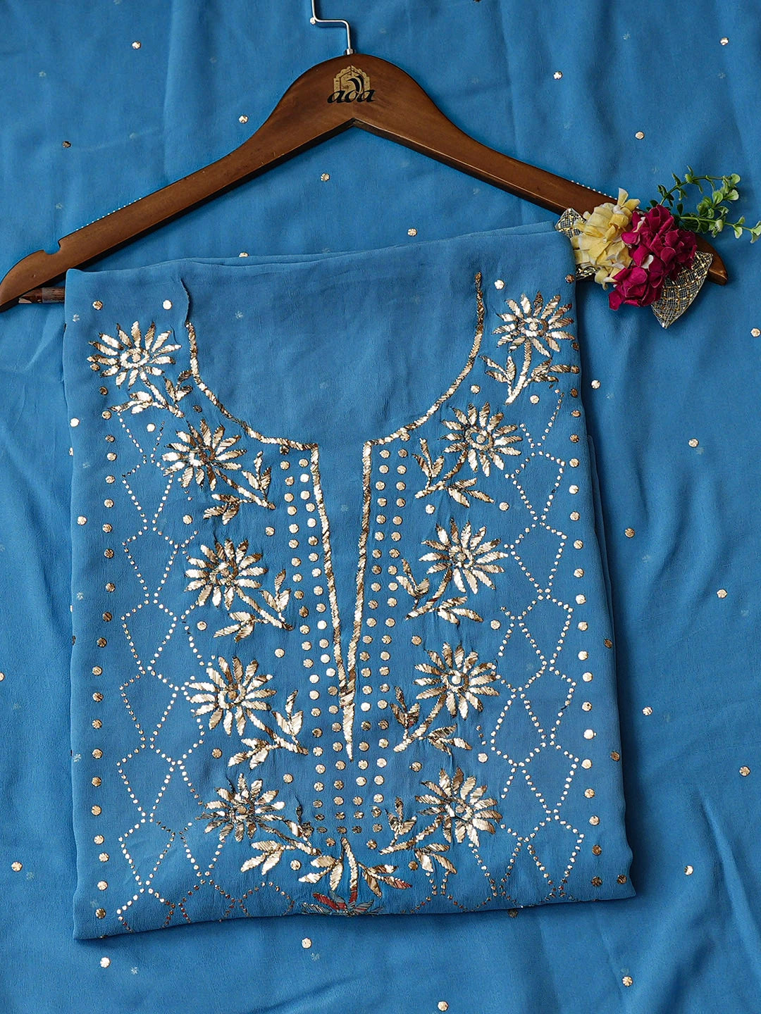 Ada Hand Embroidered Blue Bell Viscose Georgette Lucknowi Chikankari Unstitched Kurta Dupatta Set With Muqaish Work 01A923205