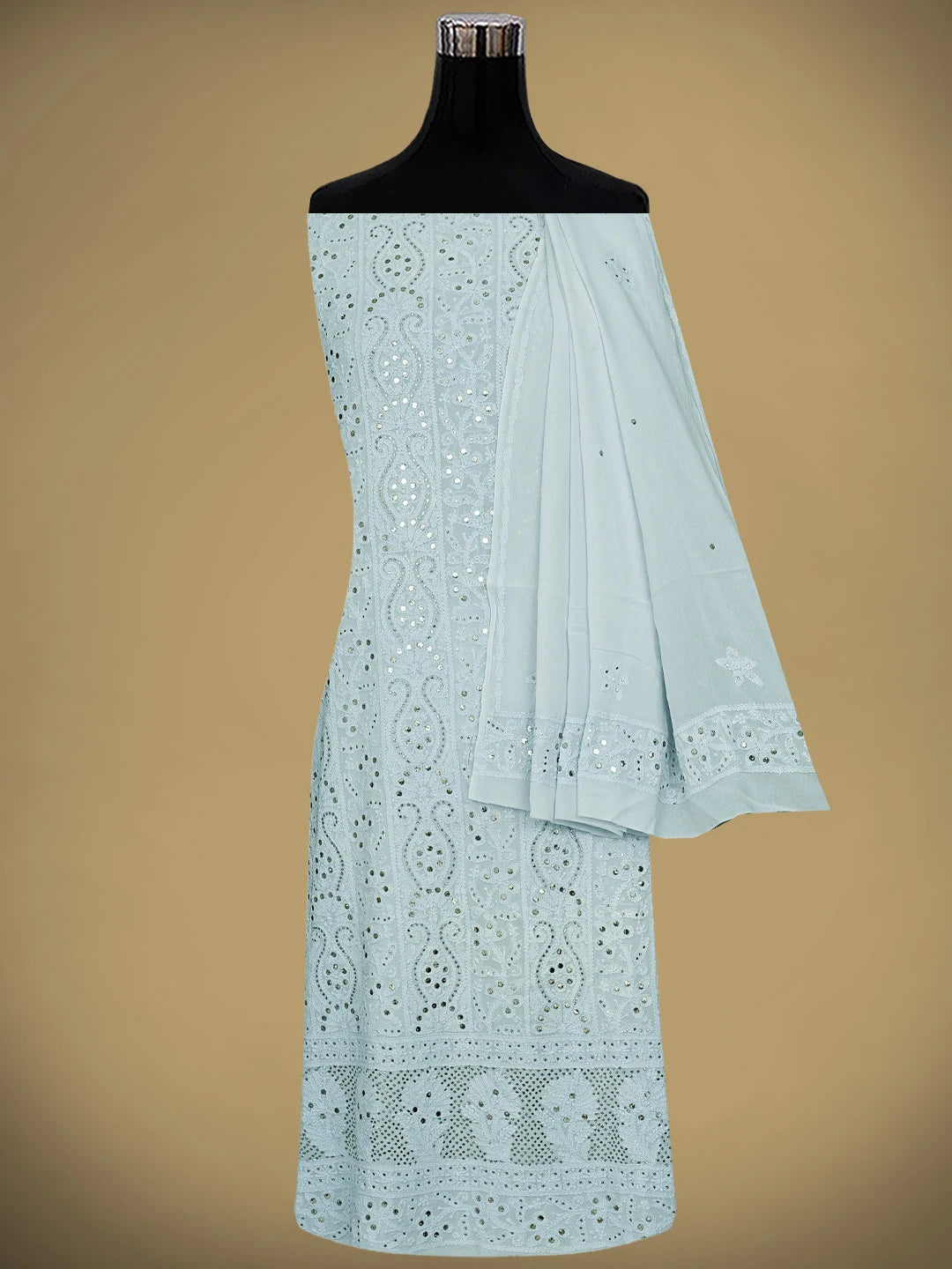 Ada Hand Embroidered Light Blue Viscose Georgette Lucknowi Chikankari Unstitched Kurta Dupatta Set With Muqaish/Mukaish Work 01A889843