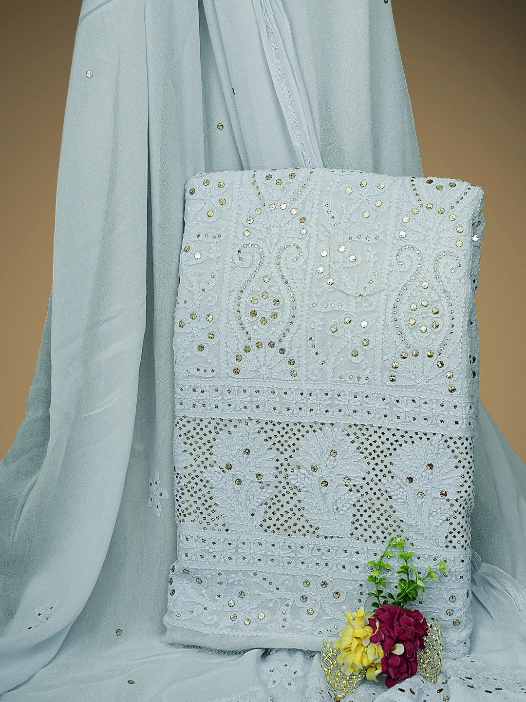 Ada Hand Embroidered Light Blue Viscose Georgette Lucknowi Chikankari Unstitched Kurta Dupatta Set With Muqaish/Mukaish Work 01A889843