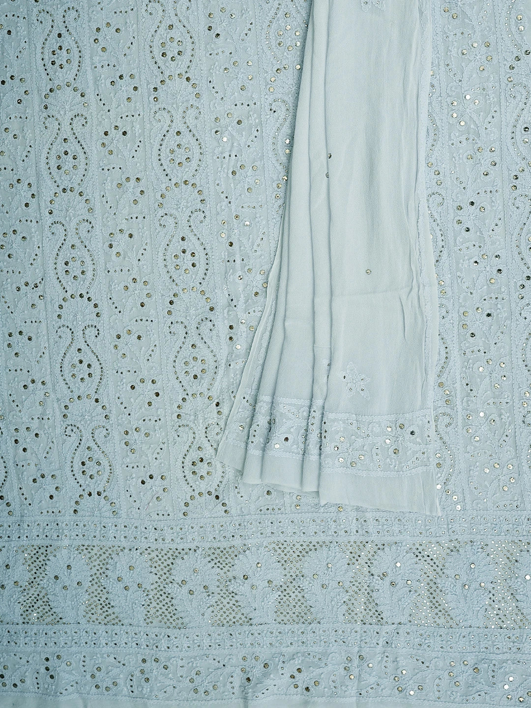 Ada Hand Embroidered Light Blue Viscose Georgette Lucknowi Chikankari Unstitched Kurta Dupatta Set With Muqaish/Mukaish Work 01A889843