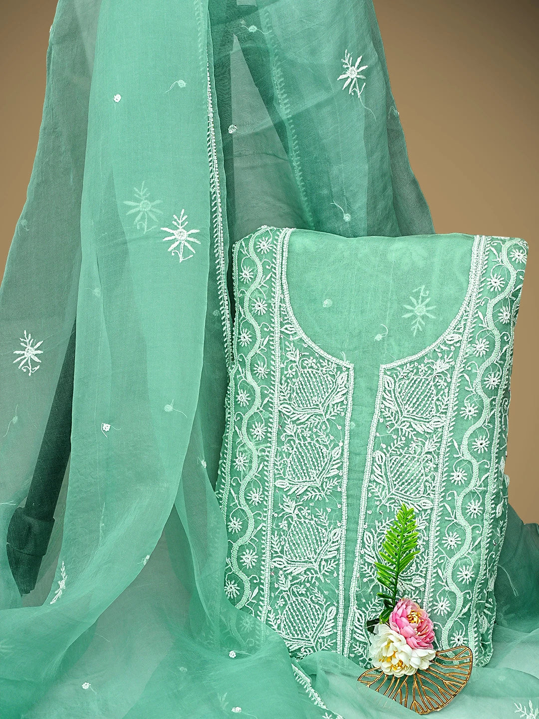Ada Hand Embroidered Sea Green Organza Lucknowi Chikankari Unstitched Kurta Dupatta Set With Cutdana Work 01A939350