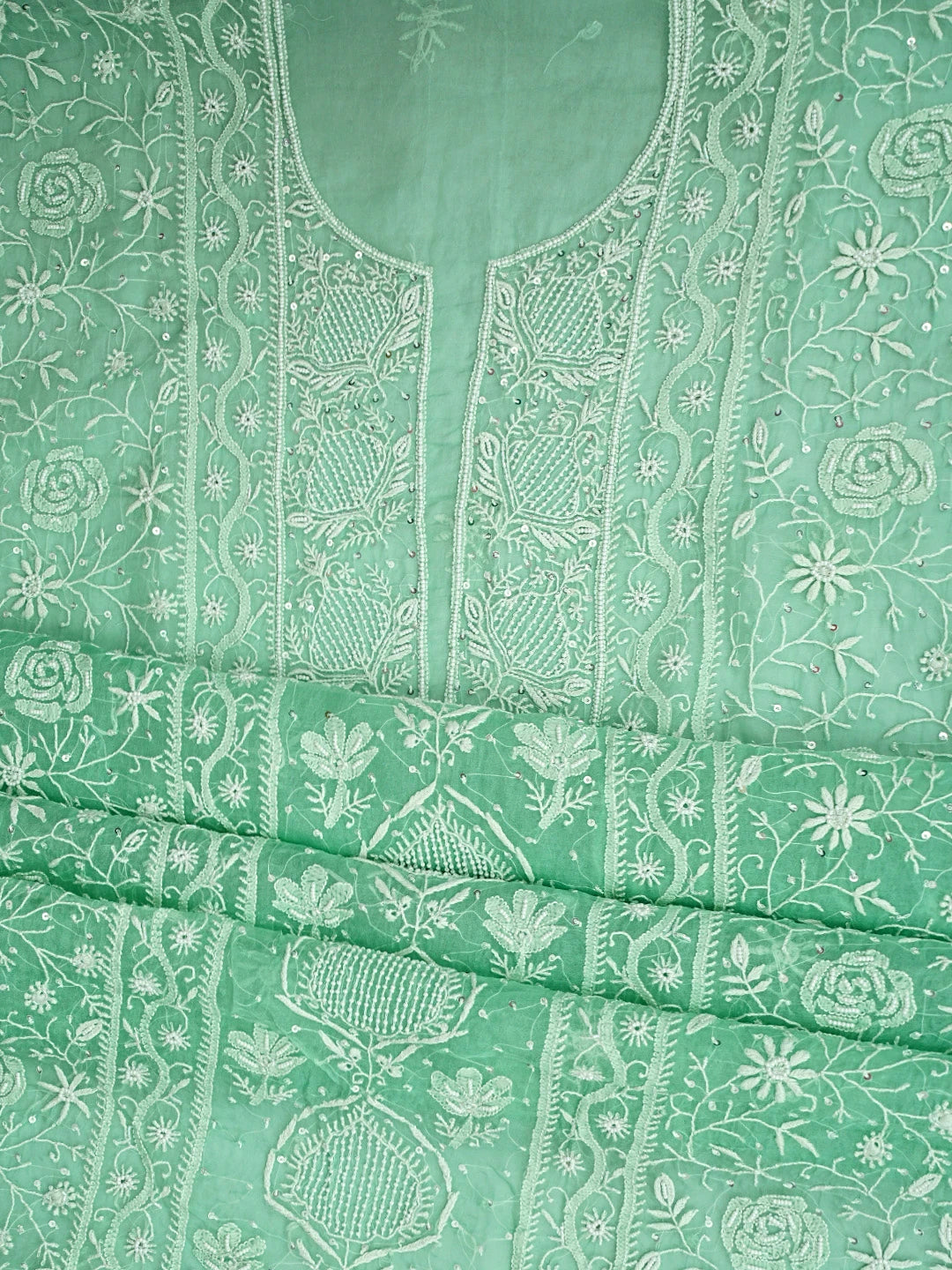 Ada Hand Embroidered Sea Green Organza Lucknowi Chikankari Unstitched Kurta Dupatta Set With Cutdana Work 01A939350