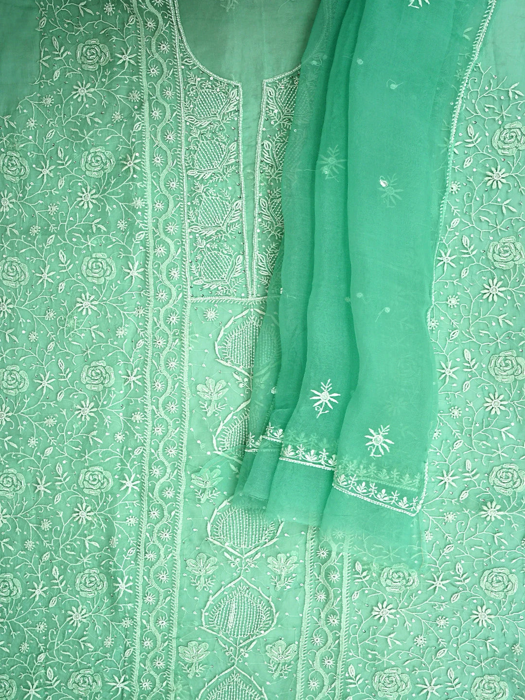 Ada Hand Embroidered Sea Green Organza Lucknowi Chikankari Unstitched Kurta Dupatta Set With Cutdana Work 01A939350