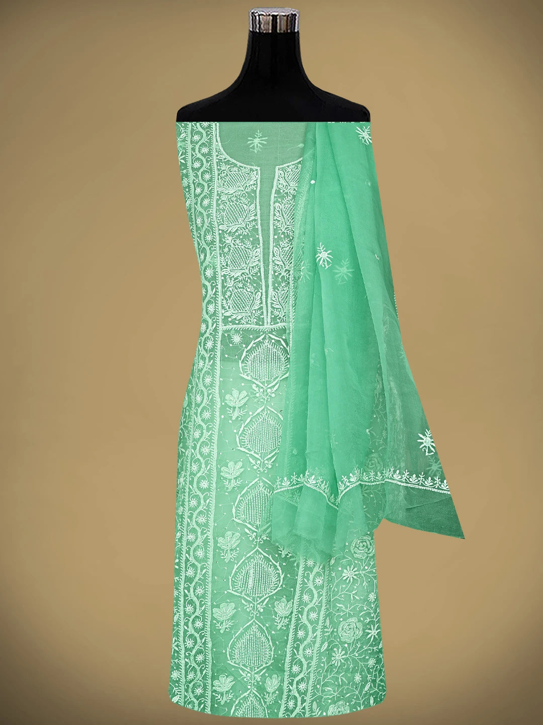 Ada Hand Embroidered Sea Green Organza Lucknowi Chikankari Unstitched Kurta Dupatta Set With Cutdana Work 01A939350