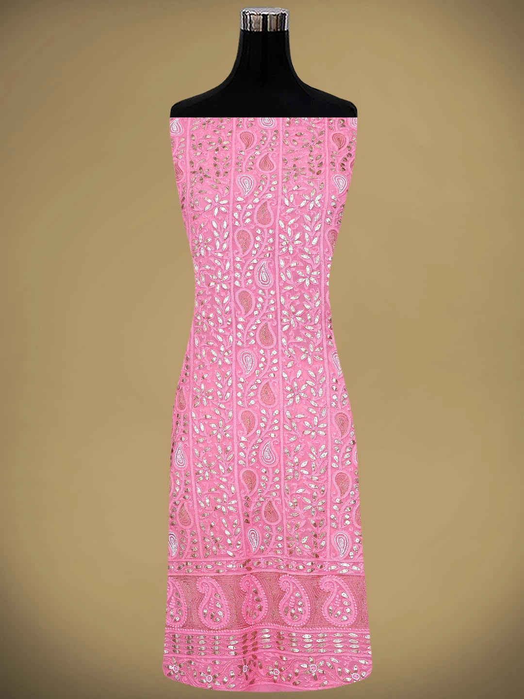 Ada Hand Embroidered Pink Viscose Groegette lucknowi Chikankari Unstitched Kurta Dupatta Set With Gota Patti 01A934092