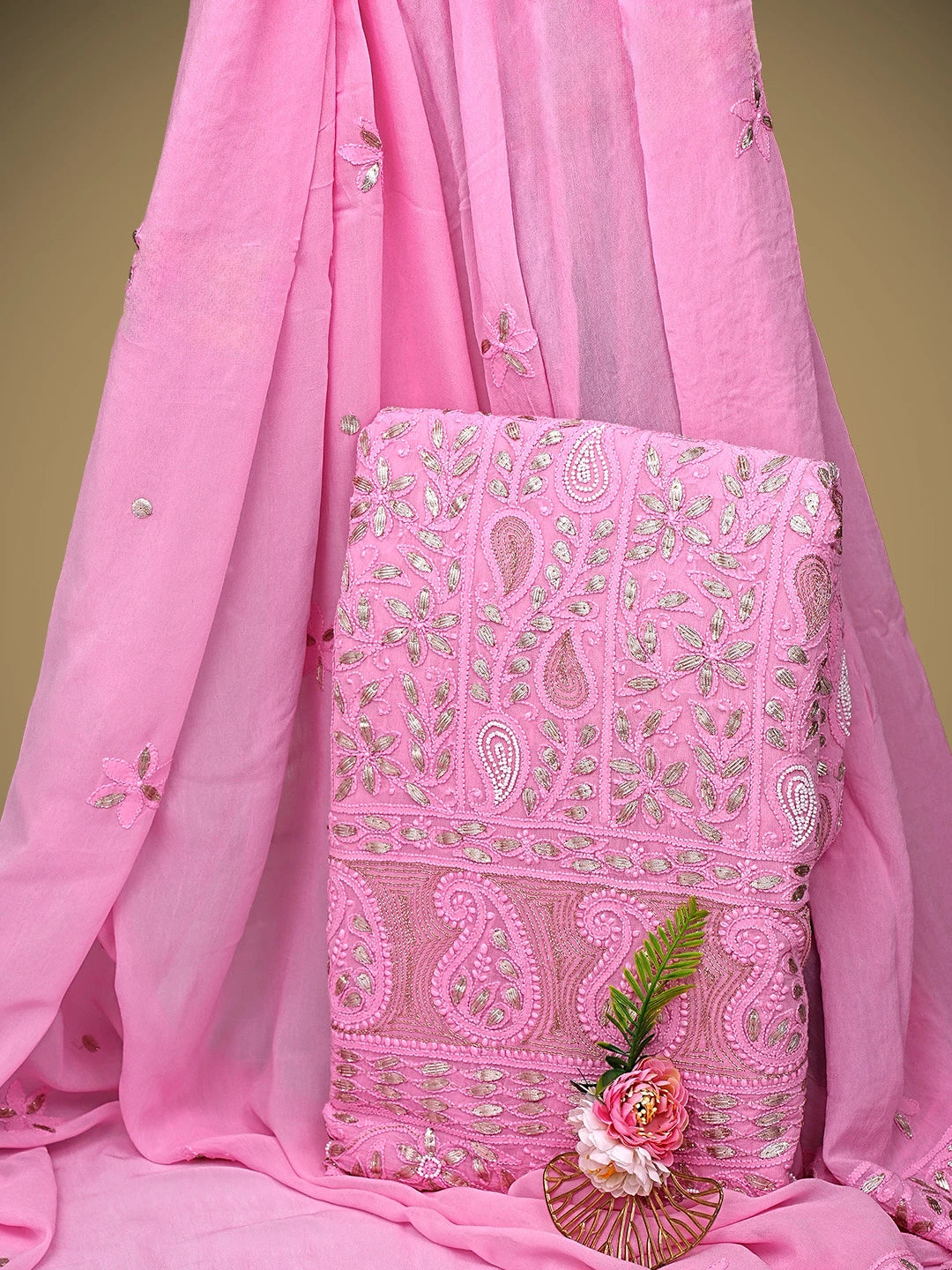 Ada Hand Embroidered Pink Viscose Groegette lucknowi Chikankari Unstitched Kurta Dupatta Set With Gota Patti 01A934092