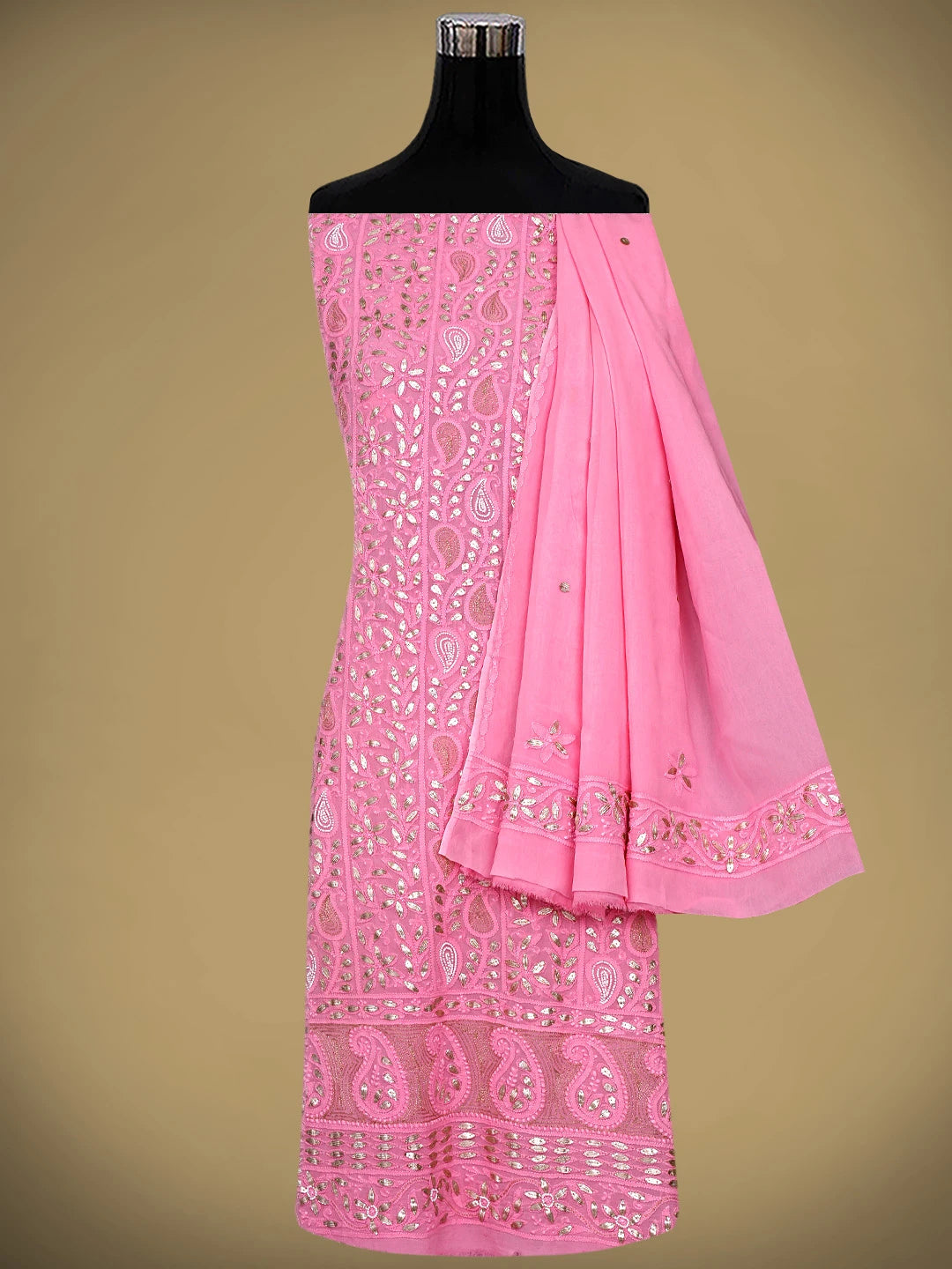 Ada Hand Embroidered Pink Viscose Groegette lucknowi Chikankari Unstitched Kurta Dupatta Set With Gota Patti 01A934092