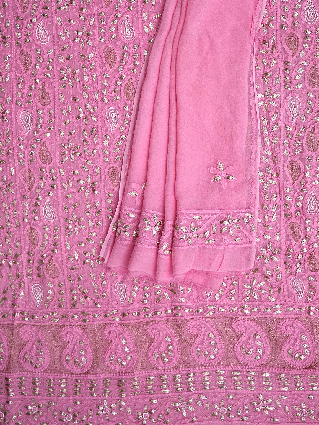 Ada Hand Embroidered Pink Viscose Groegette lucknowi Chikankari Unstitched Kurta Dupatta Set With Gota Patti 01A934092
