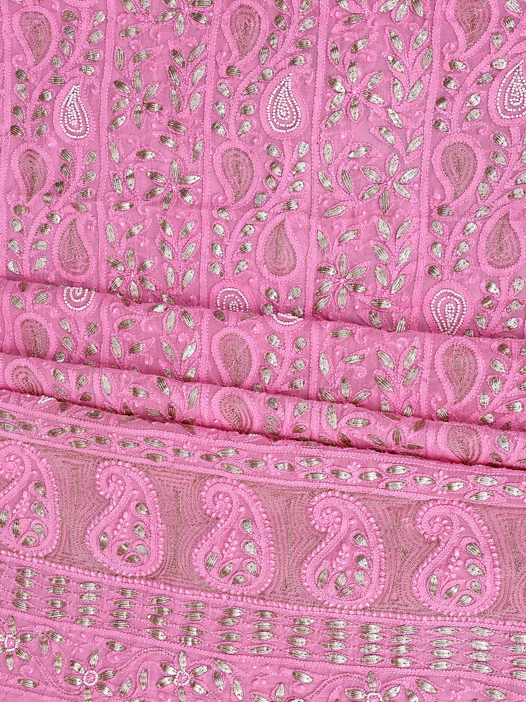 Ada Hand Embroidered Pink Viscose Groegette lucknowi Chikankari Unstitched Kurta Dupatta Set With Gota Patti 01A934092