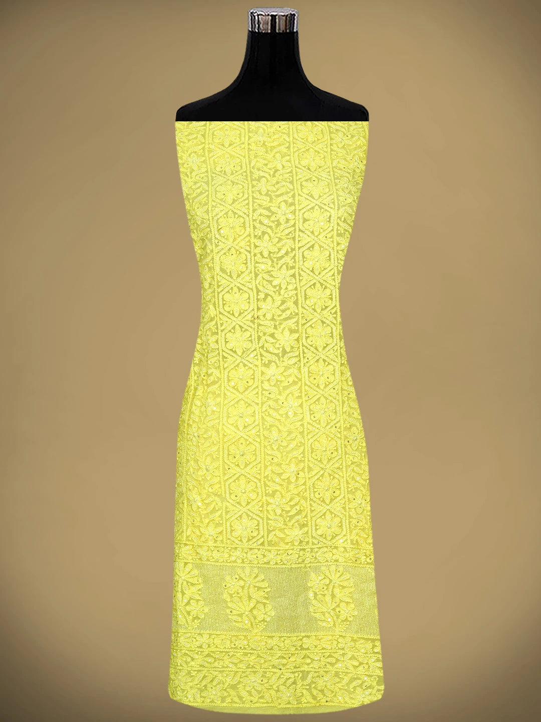 Ada Hand Embroidered Lemon Viscose Georgette Lucknowi Chikankari Unstitched Kurta Dupatta Set With Pearl Work 01A957729