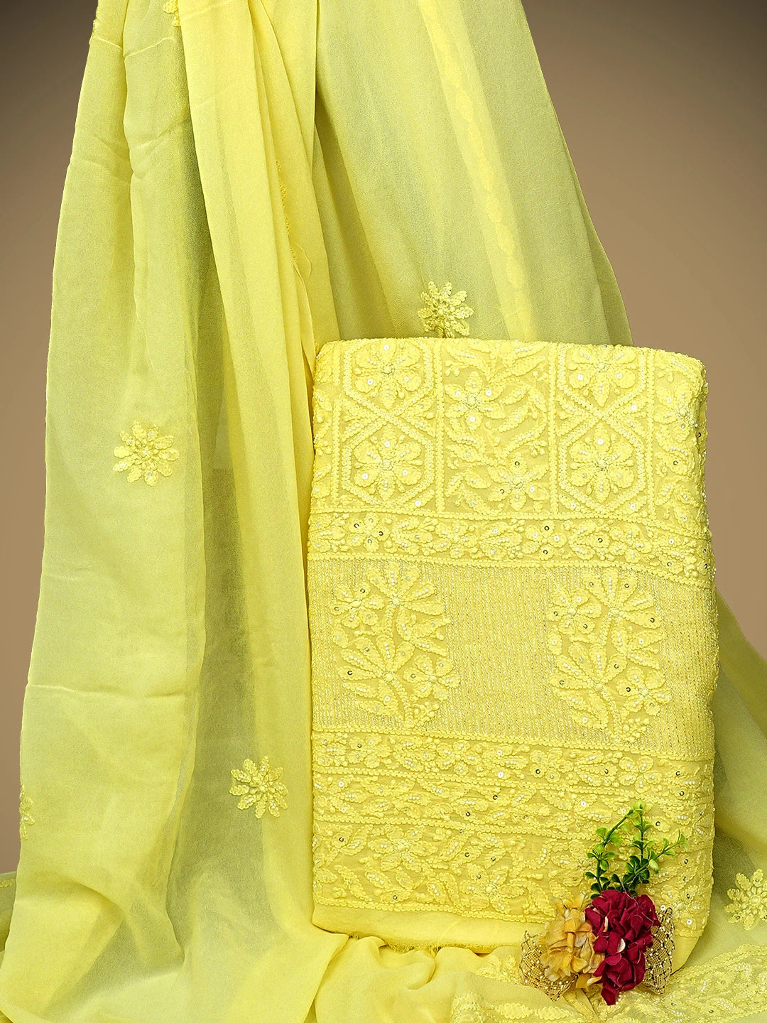 Ada Hand Embroidered Lemon Viscose Georgette Lucknowi Chikankari Unstitched Kurta Dupatta Set With Pearl Work 01A957729