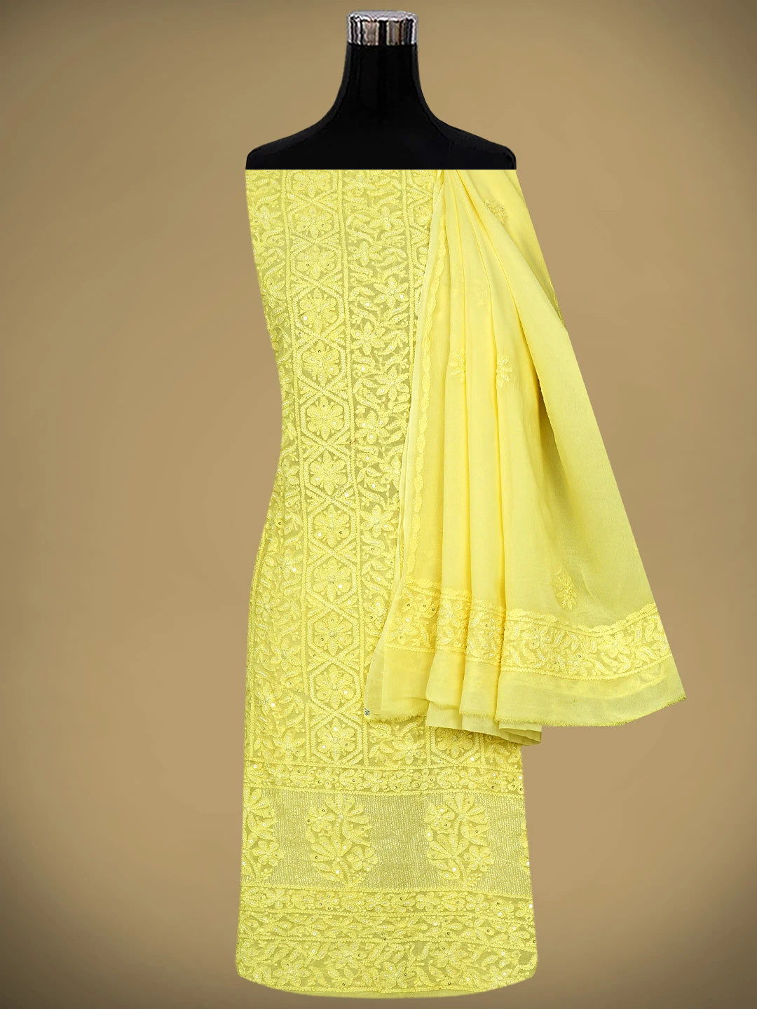 Ada Hand Embroidered Lemon Viscose Georgette Lucknowi Chikankari Unstitched Kurta Dupatta Set With Pearl Work 01A957729