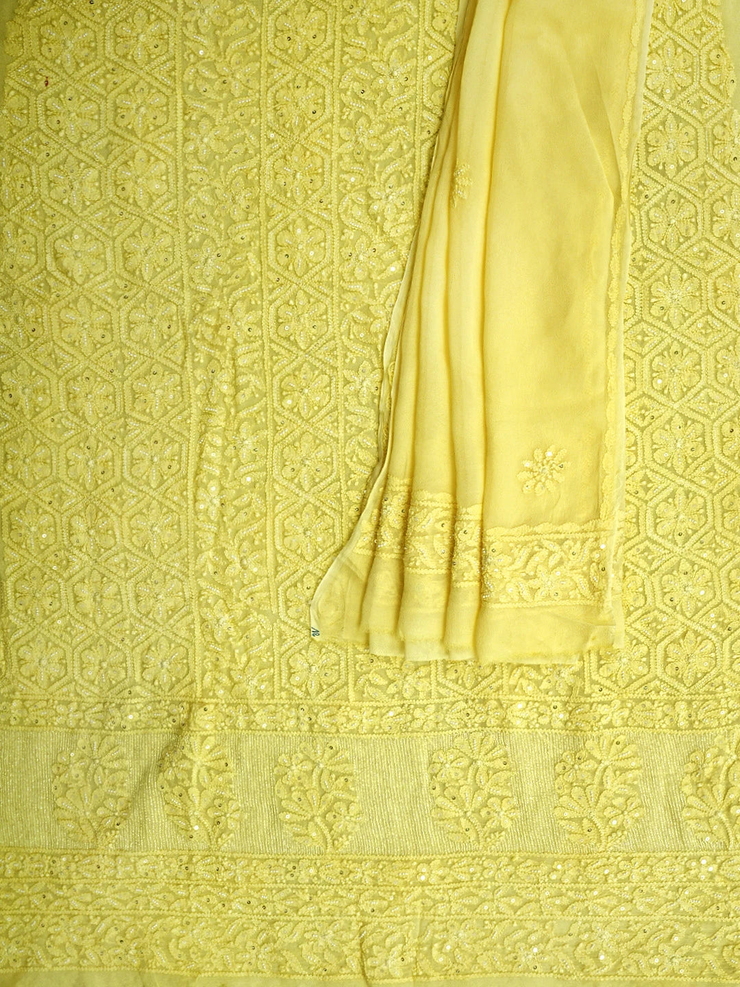 Ada Hand Embroidered Lemon Viscose Georgette Lucknowi Chikankari Unstitched Kurta Dupatta Set With Pearl Work 01A957729