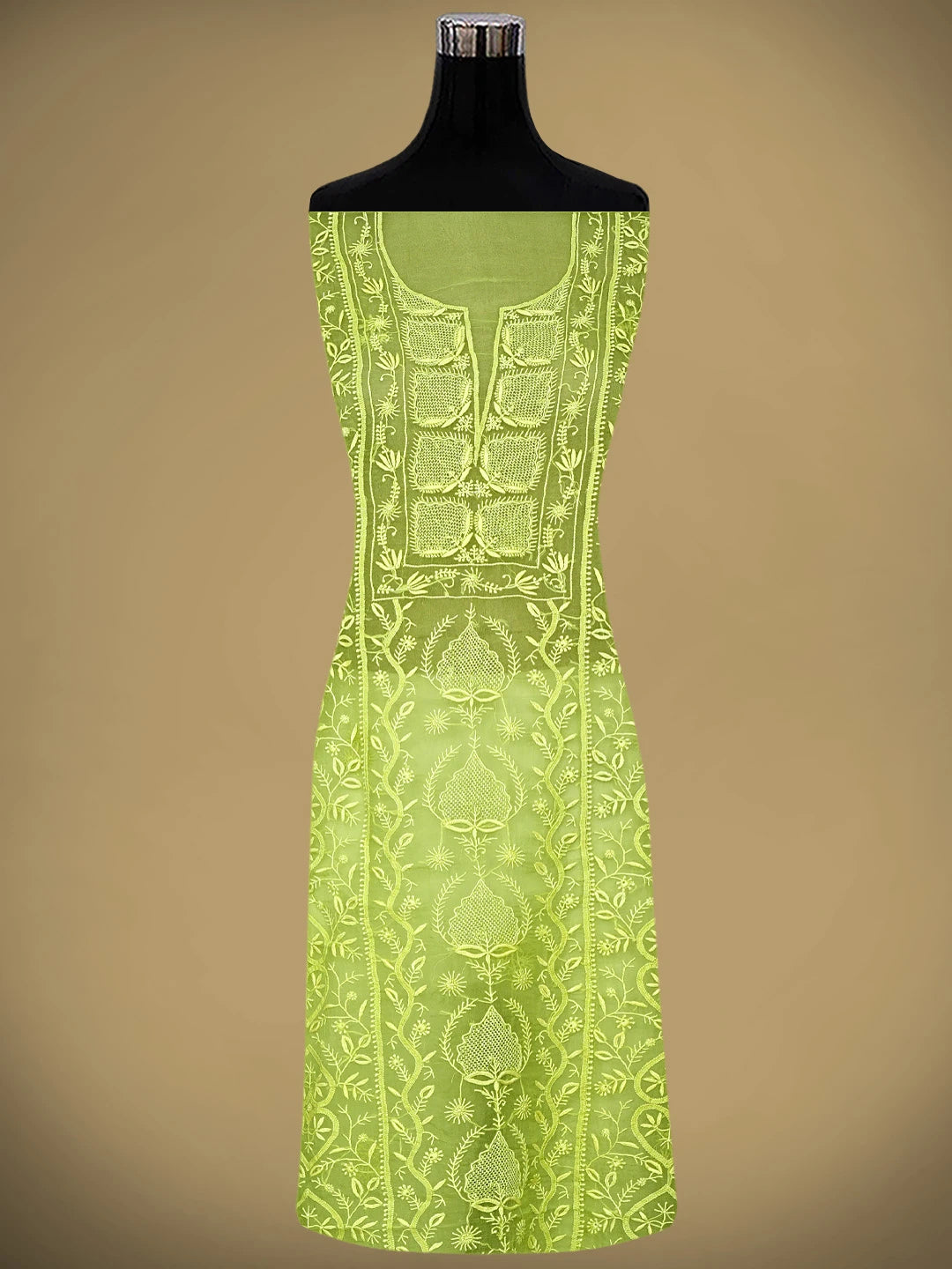 Ada Hand Embroidered Lime Green Organza Lucknowi Chikankari Unstitched Kurta Dupatta Set 01A939372