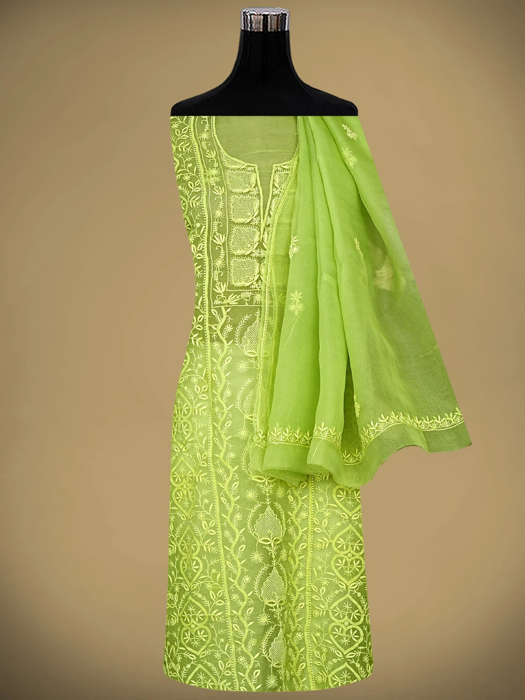 Ada Hand Embroidered Lime Green Organza Lucknowi Chikankari Unstitched Kurta Dupatta Set 01A939372