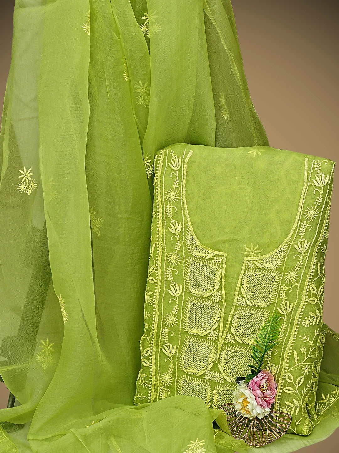 Ada Hand Embroidered Lime Green Organza Lucknowi Chikankari Unstitched Kurta Dupatta Set 01A939372