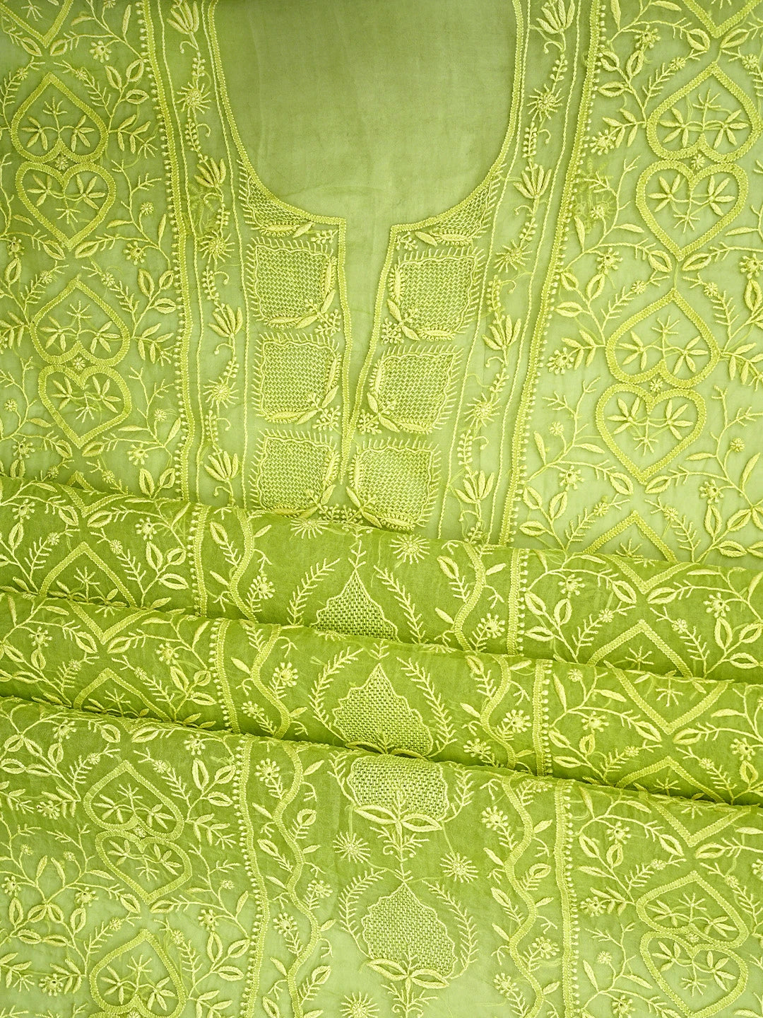 Ada Hand Embroidered Lime Green Organza Lucknowi Chikankari Unstitched Kurta Dupatta Set 01A939372