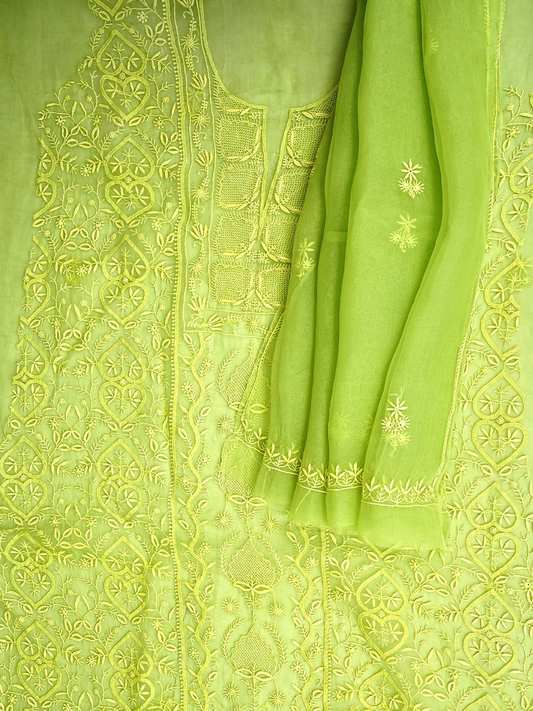 Ada Hand Embroidered Lime Green Organza Lucknowi Chikankari Unstitched Kurta Dupatta Set 01A939372