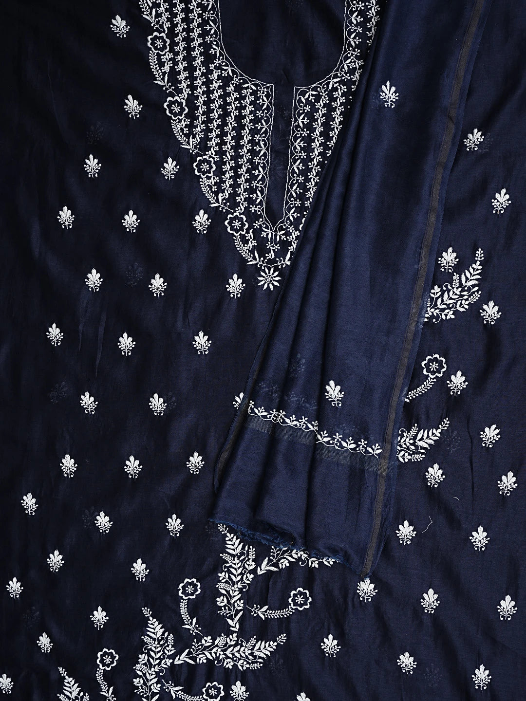 Ada Hand Embroidered Navy Blue Chanderi Lucknowi Chikankari Unstitched Kurta Dupatta Set 01A936885