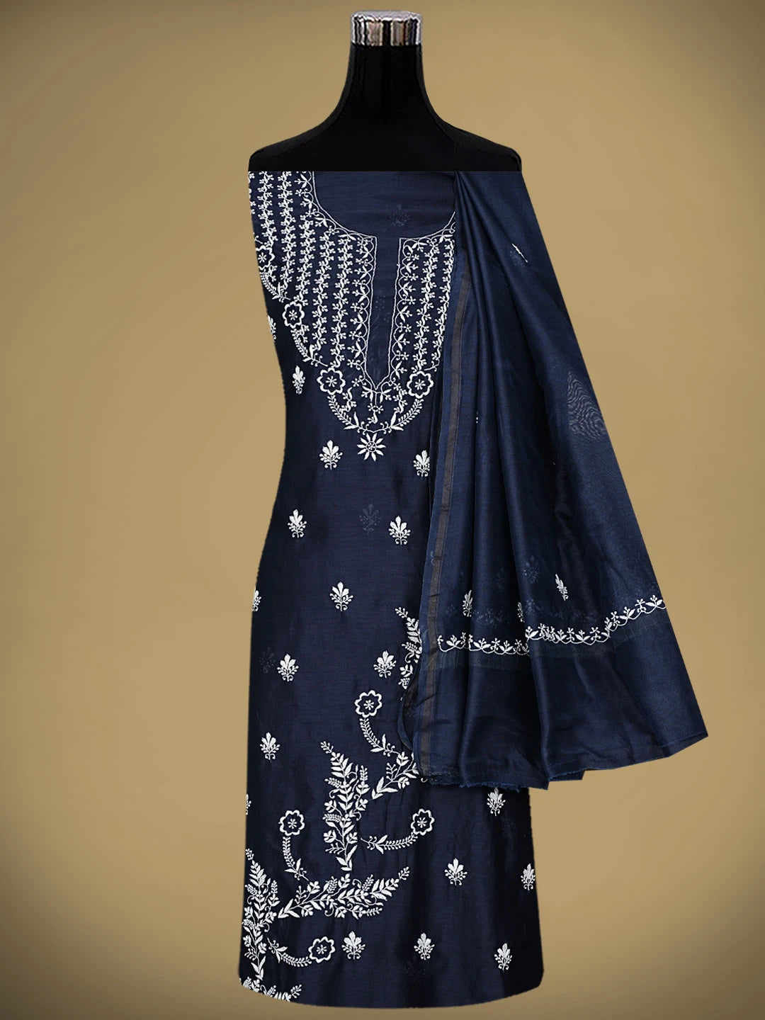 Ada Hand Embroidered Navy Blue Chanderi Lucknowi Chikankari Unstitched Kurta Dupatta Set 01A936885