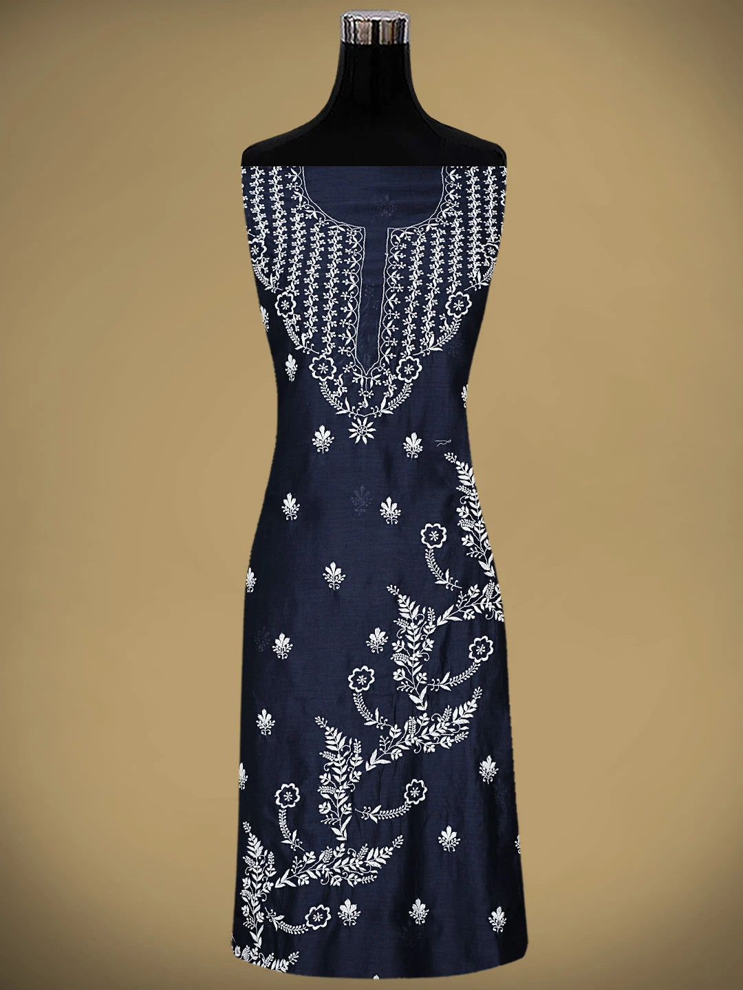 Ada Hand Embroidered Navy Blue Chanderi Lucknowi Chikankari Unstitched Kurta Dupatta Set 01A936885