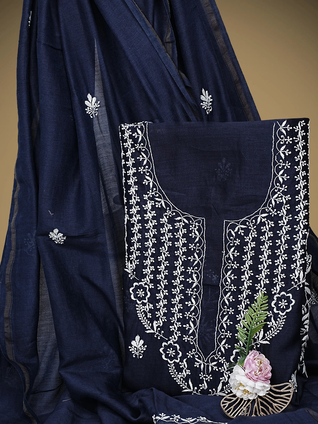 Ada Hand Embroidered Navy Blue Chanderi Lucknowi Chikankari Unstitched Kurta Dupatta Set 01A936885