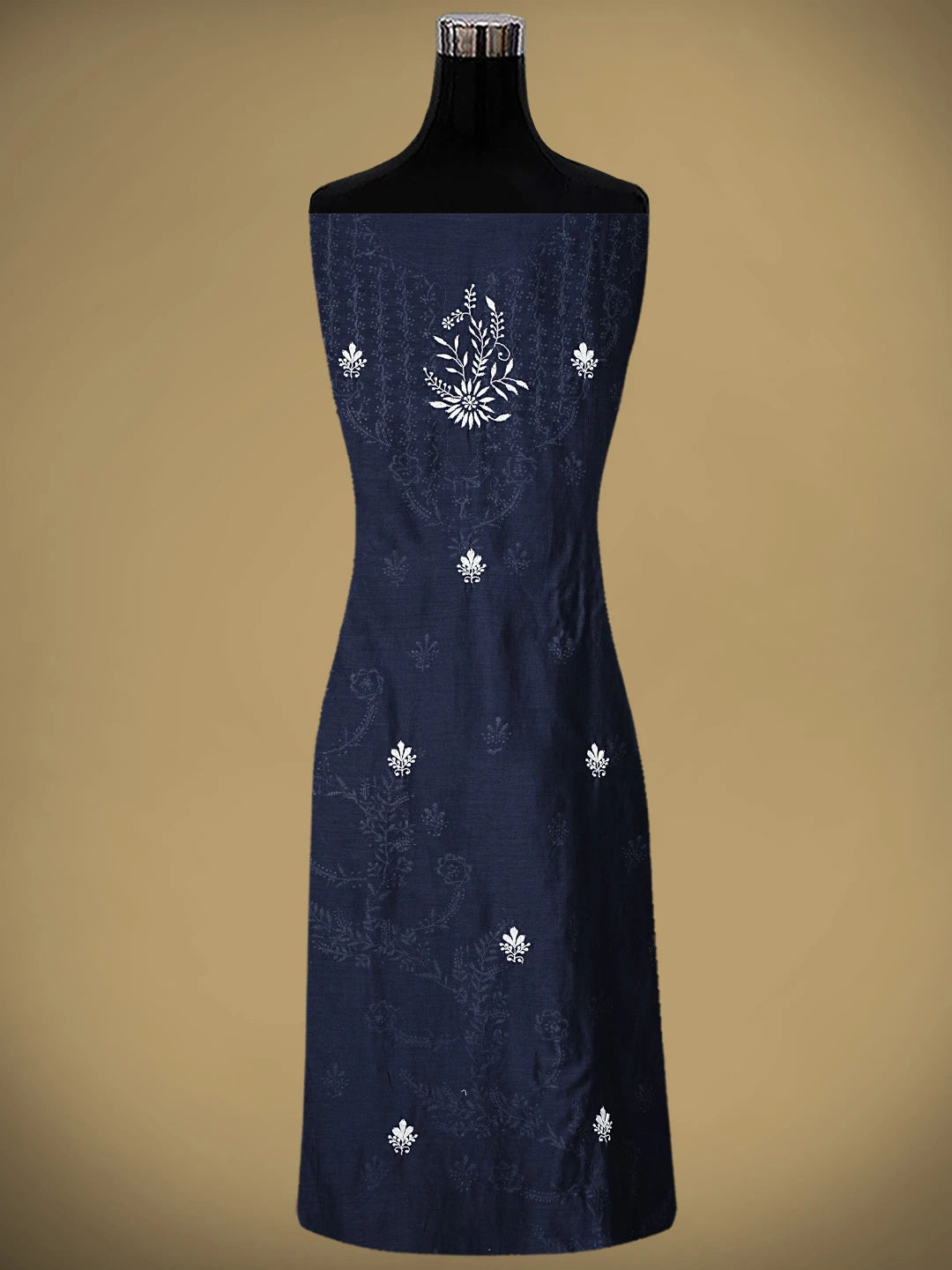 Ada Hand Embroidered Navy Blue Chanderi Lucknowi Chikankari Unstitched Kurta Dupatta Set 01A936885