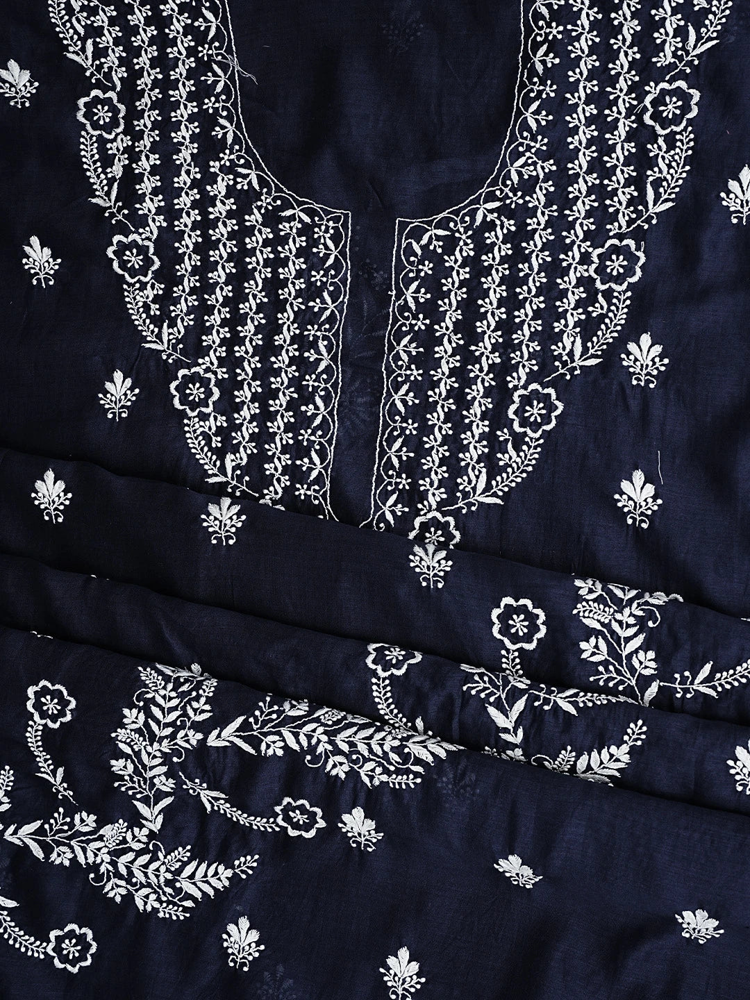 Ada Hand Embroidered Navy Blue Chanderi Lucknowi Chikankari Unstitched Kurta Dupatta Set 01A936885