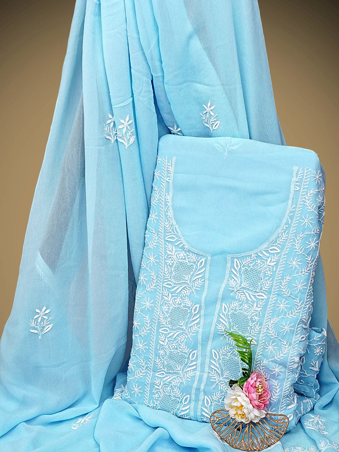 Ada Hand Embroidered Blue Viscose Georgette Lucknowi Chikankari Unstitched Kurta Dupatta Set 01A923441