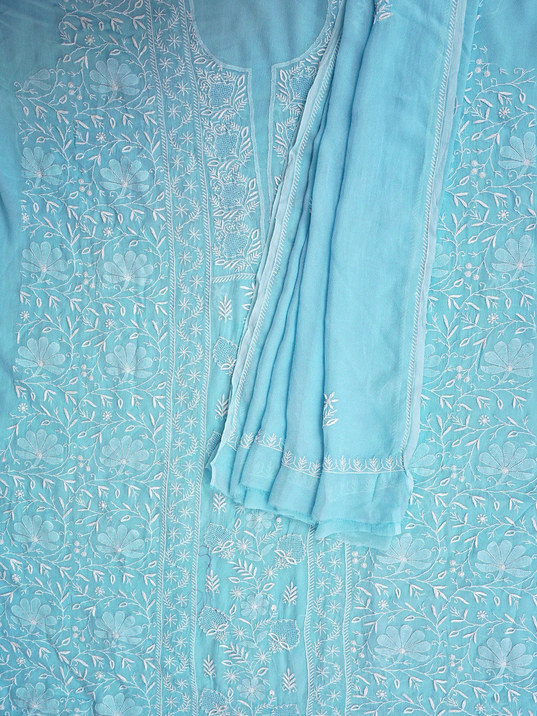 Ada Hand Embroidered Blue Viscose Georgette Lucknowi Chikankari Unstitched Kurta Dupatta Set 01A923441