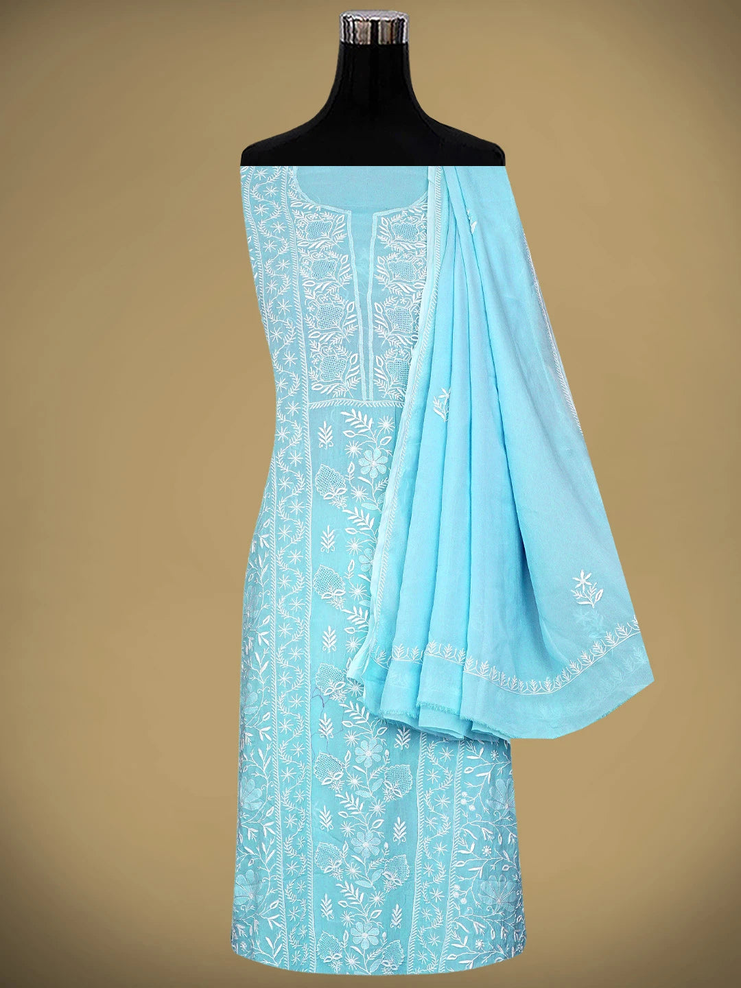 Ada Hand Embroidered Blue Viscose Georgette Lucknowi Chikankari Unstitched Kurta Dupatta Set 01A923441