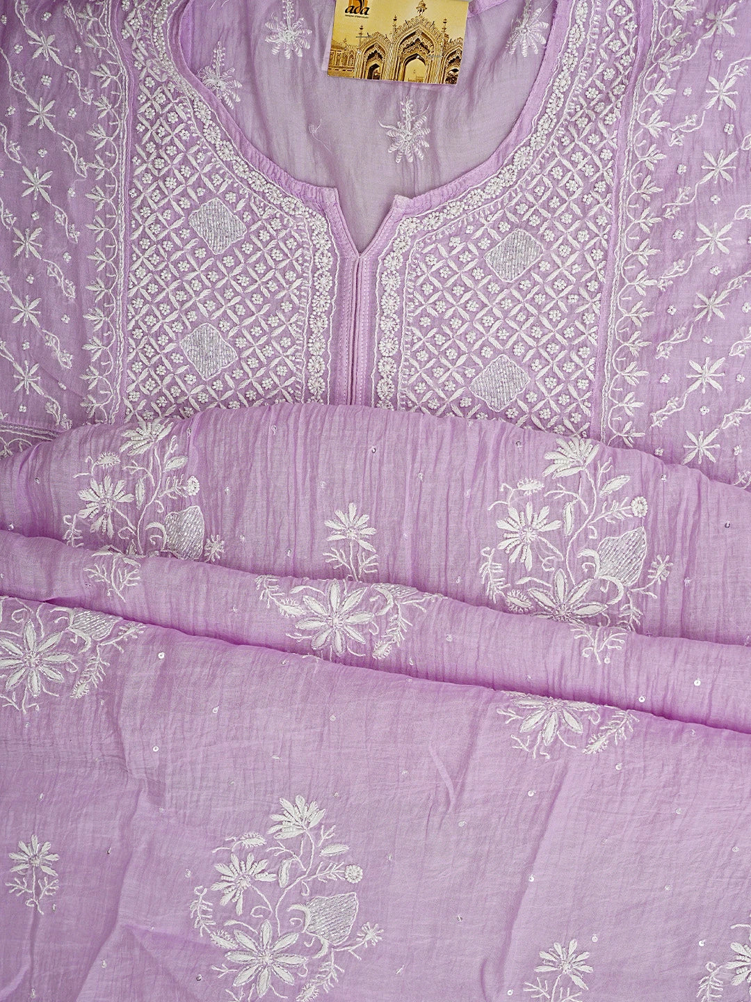 Ada Hand Embroidered Mauve Chanderi Lucknowi Chikankari Semi Stitched A-Line Kurta Dupatta Set with Cutdana Work 01A954221