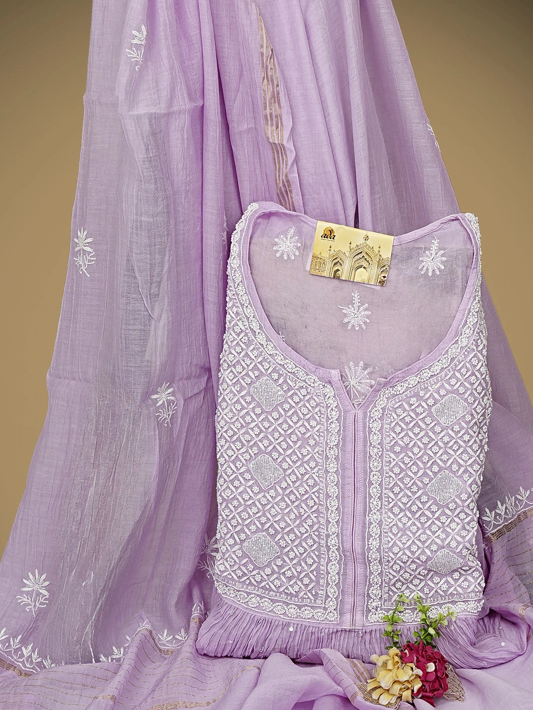 Ada Hand Embroidered Mauve Chanderi Lucknowi Chikankari Semi Stitched A-Line Kurta Dupatta Set with Cutdana Work 01A954221