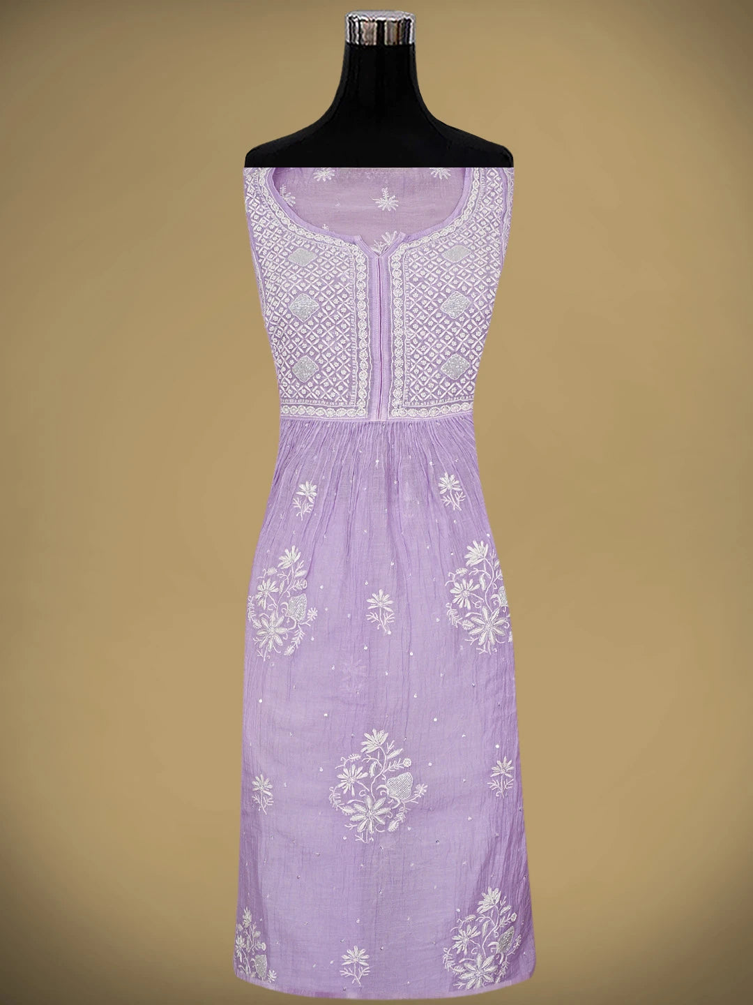 Ada Hand Embroidered Mauve Chanderi Lucknowi Chikankari Semi Stitched A-Line Kurta Dupatta Set with Cutdana Work 01A954221