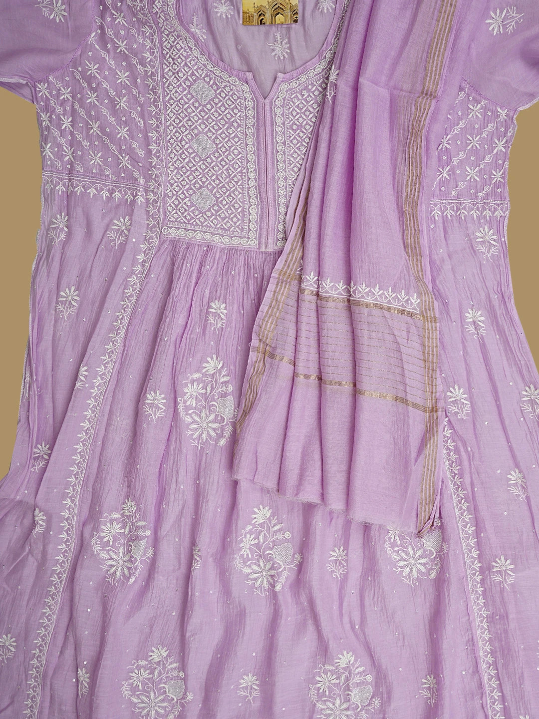 Ada Hand Embroidered Mauve Chanderi Lucknowi Chikankari Semi Stitched A-Line Kurta Dupatta Set with Cutdana Work 01A954221