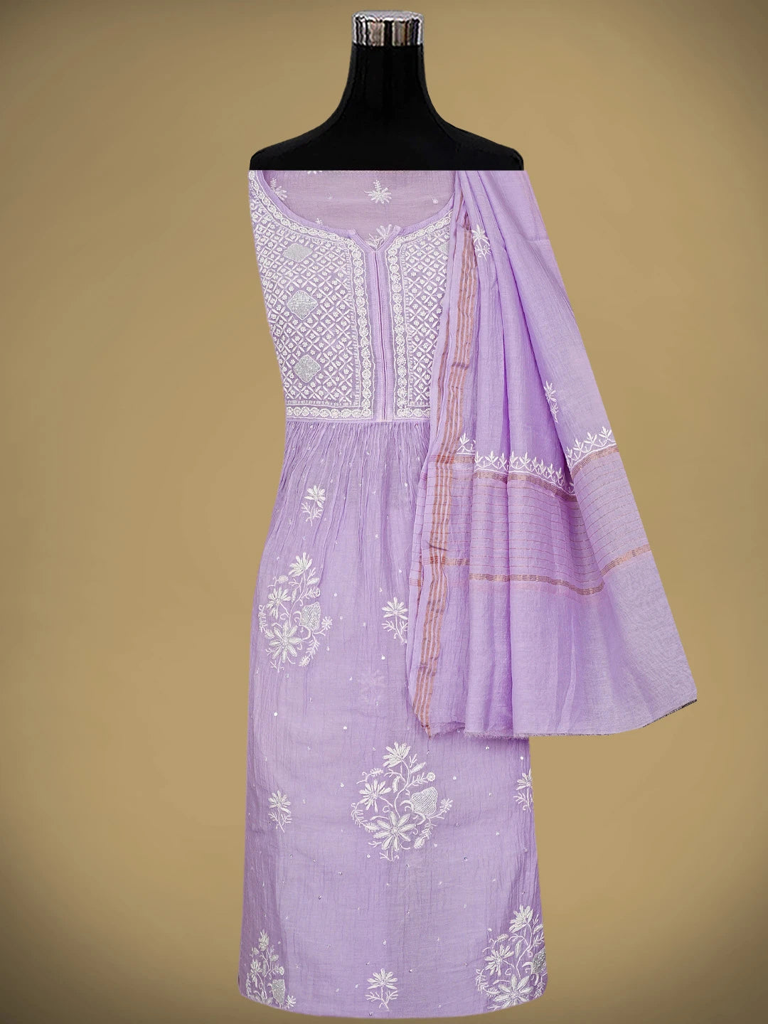 Ada Hand Embroidered Mauve Chanderi Lucknowi Chikankari Semi Stitched A-Line Kurta Dupatta Set with Cutdana Work 01A954221
