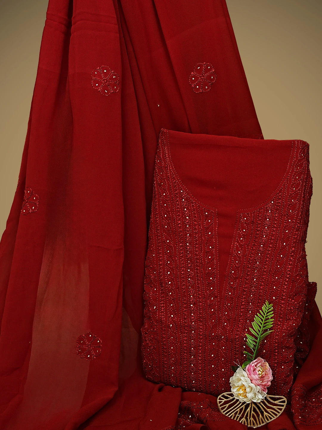 Ada Hand Embroidered Red Viscose Georgette Lucknowi Chikankari Unstitched Kurta Dupatta Set With Muqaish Work 01A933362