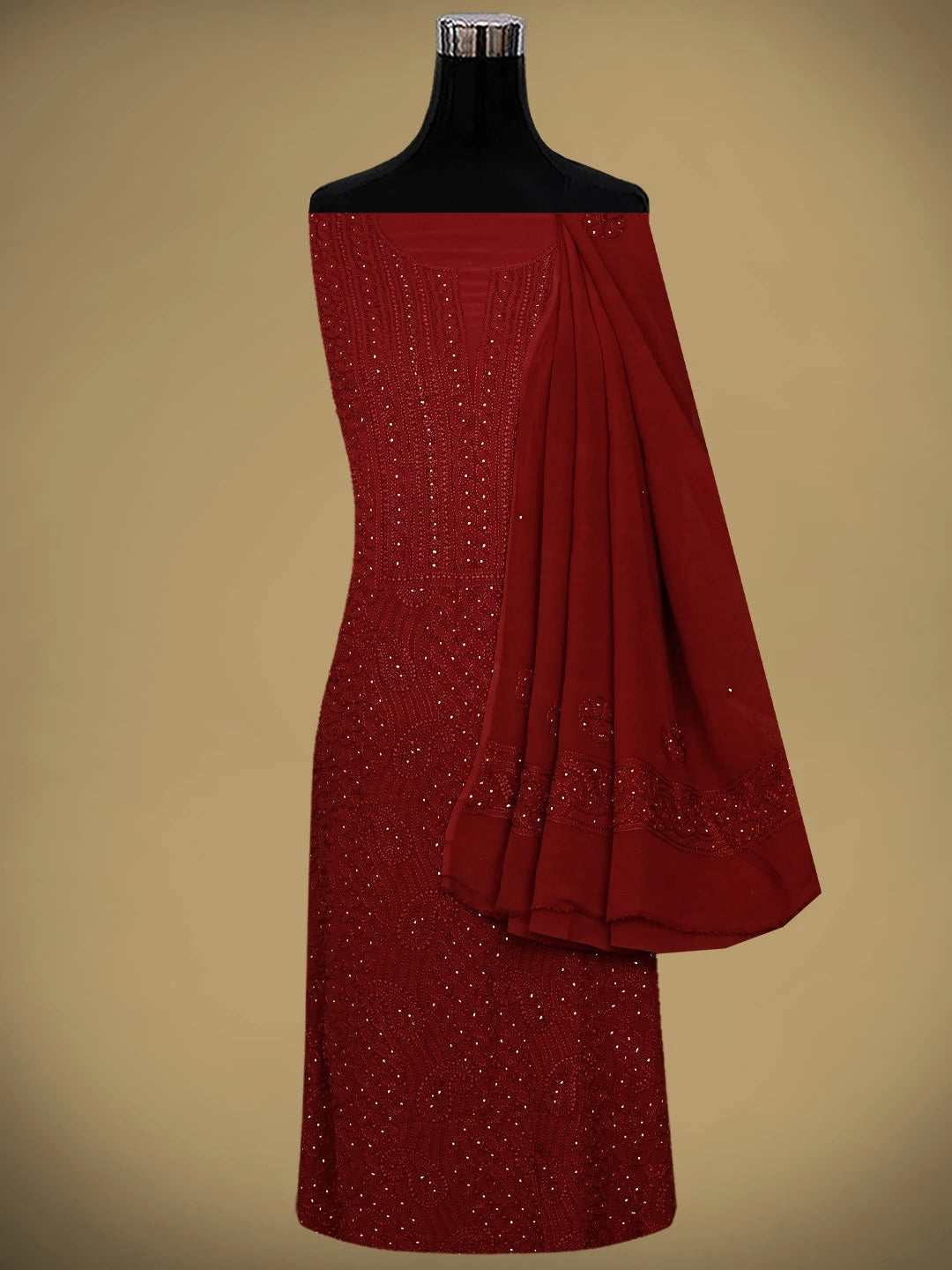 Ada Hand Embroidered Red Viscose Georgette Lucknowi Chikankari Unstitched Kurta Dupatta Set With Muqaish Work 01A933362