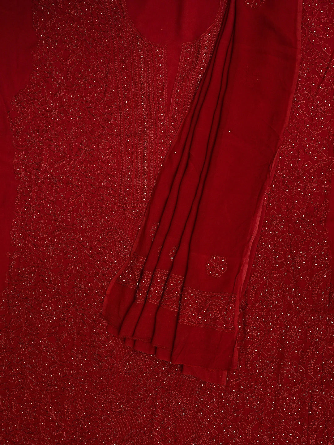 Ada Hand Embroidered Red Viscose Georgette Lucknowi Chikankari Unstitched Kurta Dupatta Set With Muqaish Work 01A933362