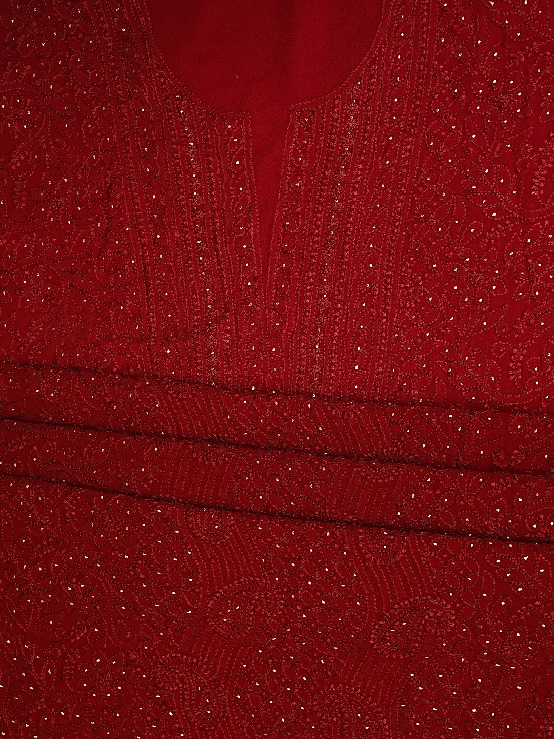Ada Hand Embroidered Red Viscose Georgette Lucknowi Chikankari Unstitched Kurta Dupatta Set With Muqaish Work 01A933362